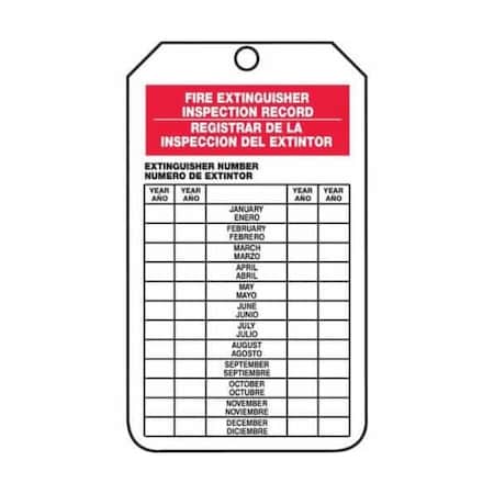 Accuform Bilingual Spanish Safety Tags, FIRE EXTINGUISHER INSPECTION RECORD, 5.75in x 3.25in, 25PK SBTRS217CTP